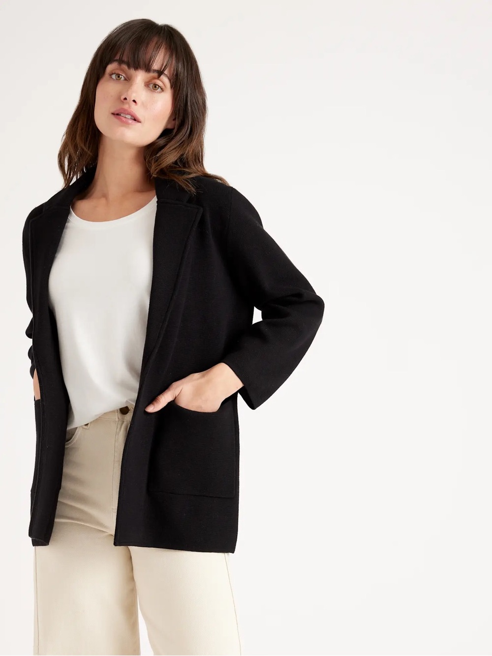Quince Blazer Women Small Organic Cotton Sweater Open Front Pockets Quiet Luxury